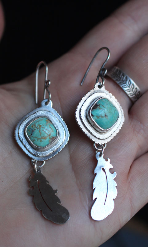 Learning to fly, feather earrings in sterling silver and turquoise