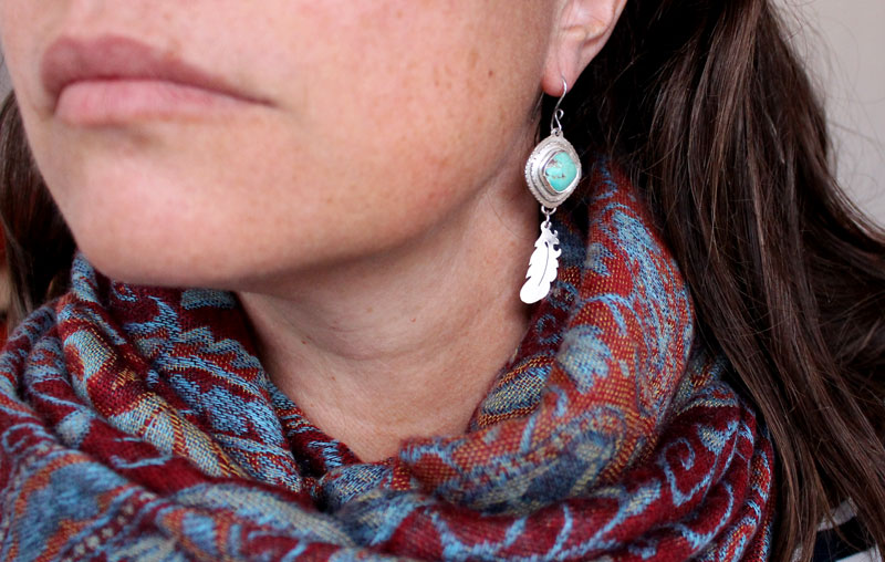 Learning to fly, feather earrings in sterling silver and turquoise