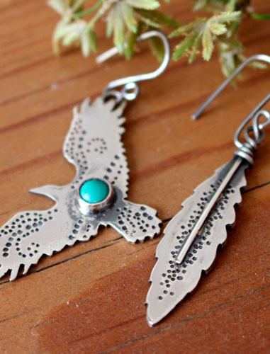 Liberty, eagle and feather earrings in sterling silver and turquoise
