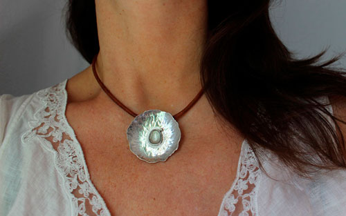Lily pad under the rain, water lily necklace in sterling silver and sapphire