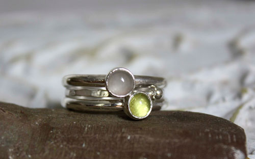 Mangrove, stacking sterling silver rings with peridot and aquamarine cabochons