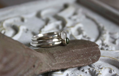 Mangrove, stacking sterling silver rings with peridot and aquamarine cabochons