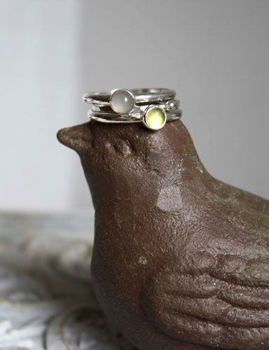 Mangrove, stacking sterling silver rings with peridot and aquamarine cabochons