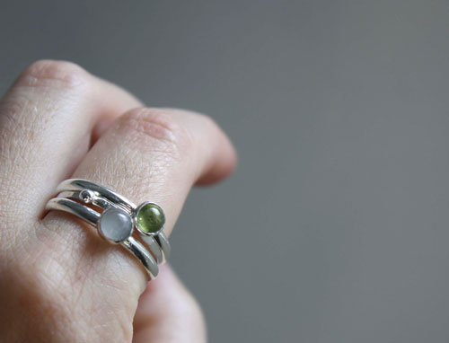 Mangrove, stacking sterling silver rings with peridot and aquamarine cabochons