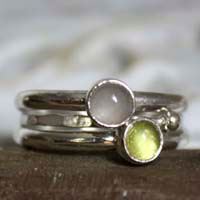 Mangrove, stacking sterling silver rings with peridot and aquamarine cabochons