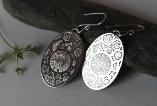 Mechanic hands, oval steampunk gears earrings in sterling silver