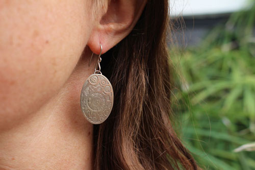 Mechanic hands, oval steampunk gears earrings in sterling silver