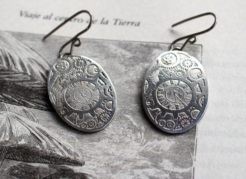 Mechanic hands, oval steampunk gears earrings in sterling silver