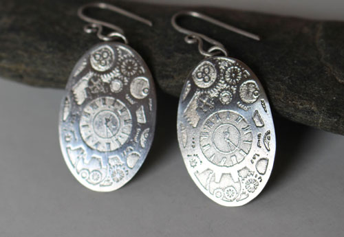 Mechanic hands, oval steampunk gears earrings in sterling silver