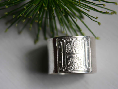 Medieval illumination, One square Middle Ages illumination initial ring in sterling silver