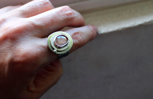 Morning dew, nature awakening ring in sterling silver and pink sapphire