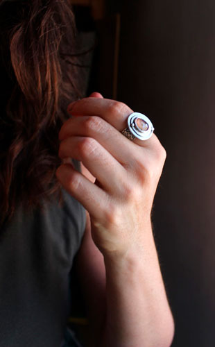 Morning dew, nature awakening ring in sterling silver and pink sapphire