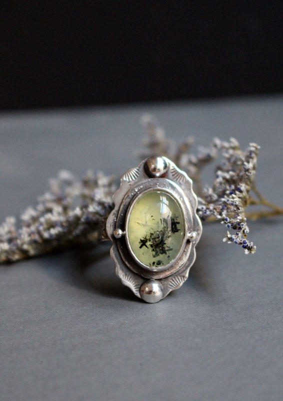 Moss poem, botanical cocktail ring in sterling silver and prehnite