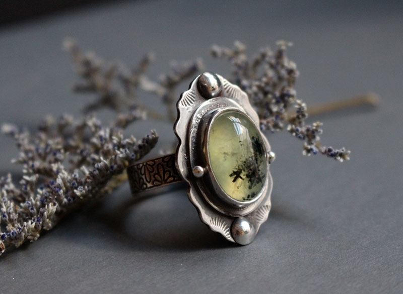 Moss poem, botanical cocktail ring in sterling silver and prehnite