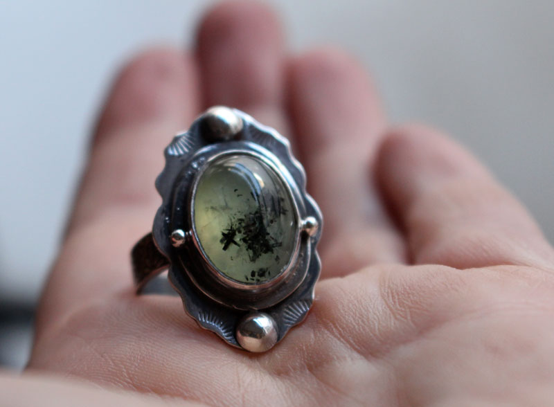 Moss poem, botanical cocktail ring in sterling silver and prehnite