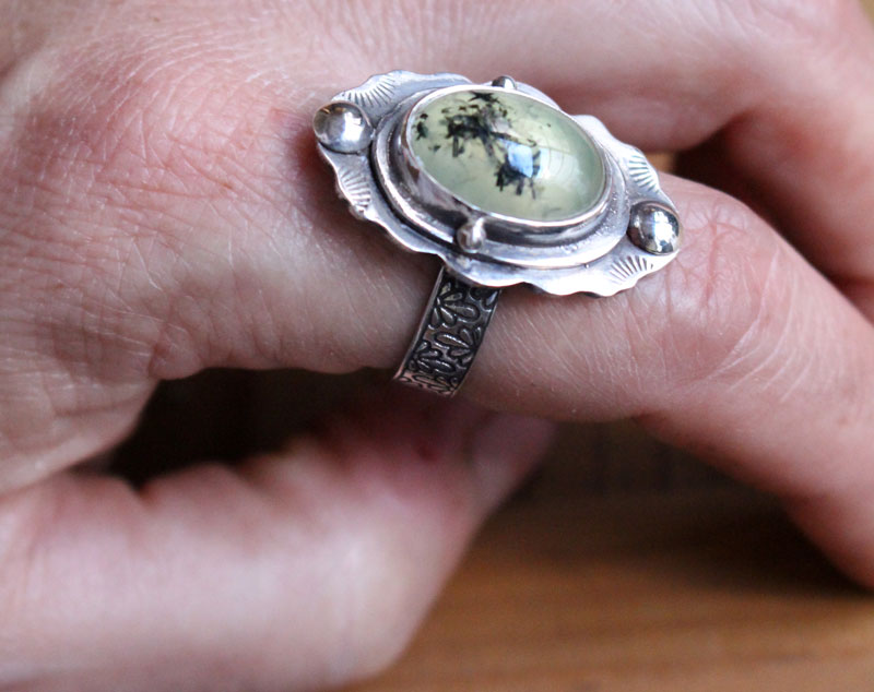 Moss poem, botanical cocktail ring in sterling silver and prehnite