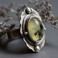 Moss poem, botanical cocktail ring in sterling silver and prehnite