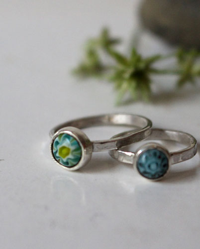 Mother and daughter, millefiori glass cabochon ring set in sterling silver