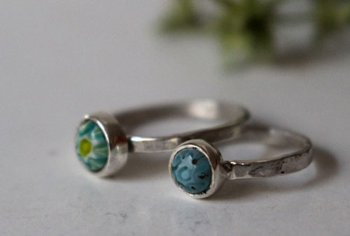 Mother and daughter, millefiori glass cabochon ring set in sterling silver