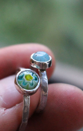 Mother and daughter, millefiori glass cabochon ring set in sterling silver