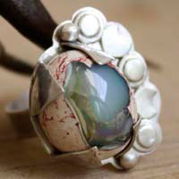 Nebula, astronomy ring in sterling silver and Mexican cantera opal