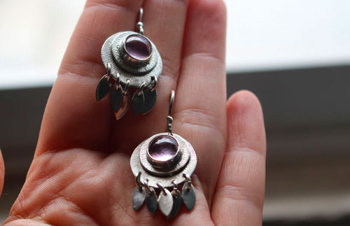 Nova corundum, astronomical earrings in sterling silver and pink corundum