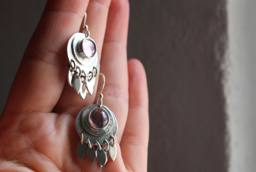Nova corundum, astronomical earrings in sterling silver and pink corundum