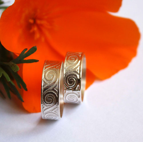 Oceanid, wedding rings set with Greek wave meander in sterling silver