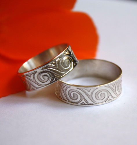 Oceanid, wedding rings set with Greek wave meander in sterling silver