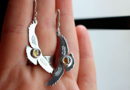 Ode to the sun, bird earrings in sterling silver and yellow zircon