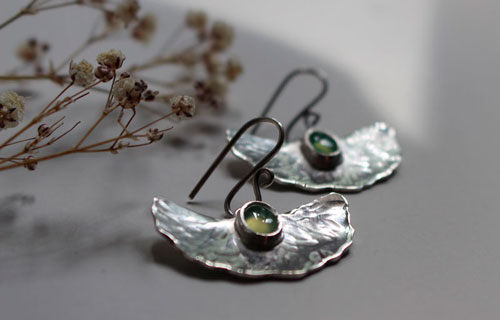 Pond lis, water lily leaf earrings in sterling silver and chrysoprase
