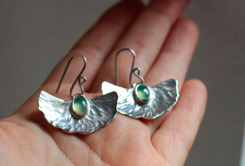 Pond lis, water lily leaf earrings in sterling silver and chrysoprase