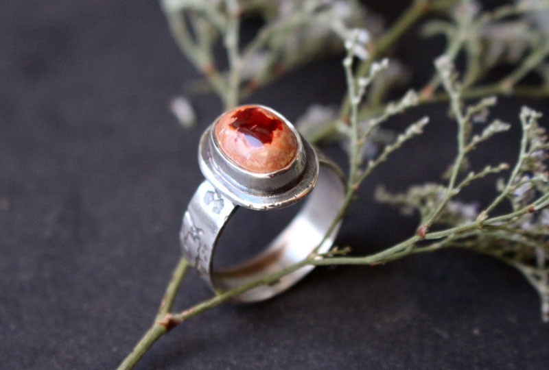 Red cherry flower, japanese flower ring in sterling silver and Mexican cantera opal