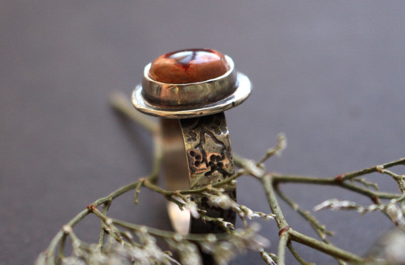Red cherry flower, japanese flower ring in sterling silver and Mexican cantera opal