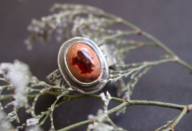 Red cherry flower, japanese flower ring in sterling silver and Mexican cantera opal