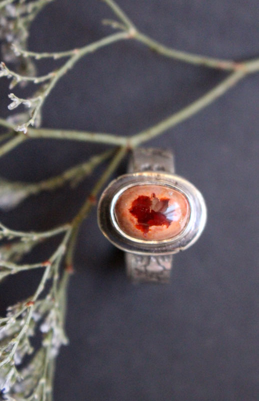 Red cherry flower, japanese flower ring in sterling silver and Mexican cantera opal