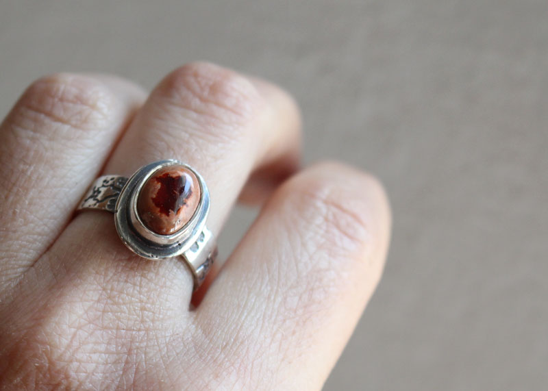 Red cherry flower, japanese flower ring in sterling silver and Mexican cantera opal