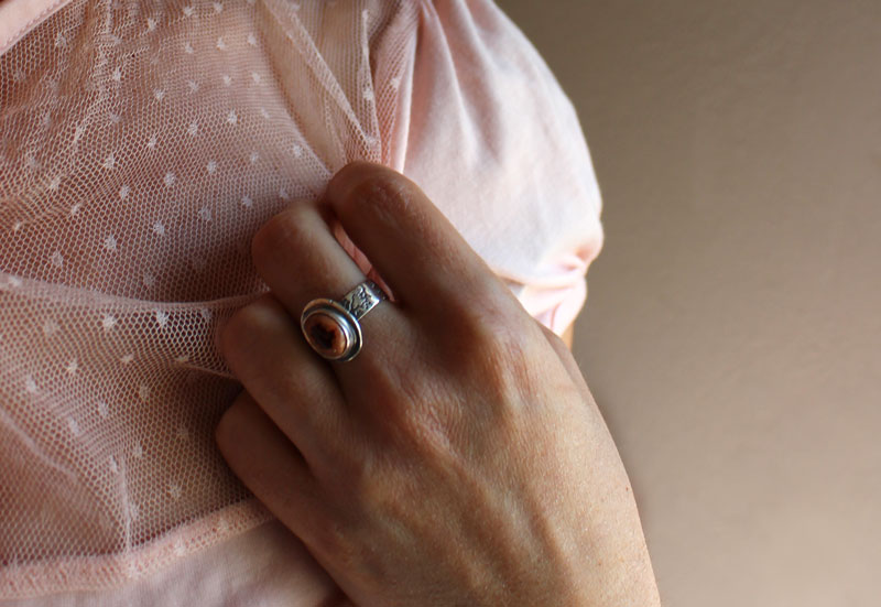 Red cherry flower, japanese flower ring in sterling silver and Mexican cantera opal