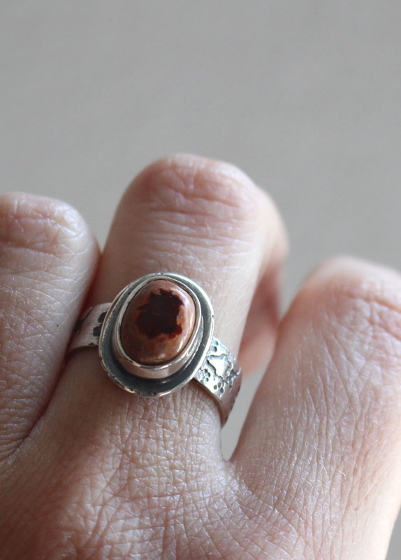 Red cherry flower, japanese flower ring in sterling silver and Mexican cantera opal