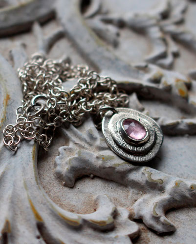 Rosebud, flower necklace in sterling silver and pink corundum