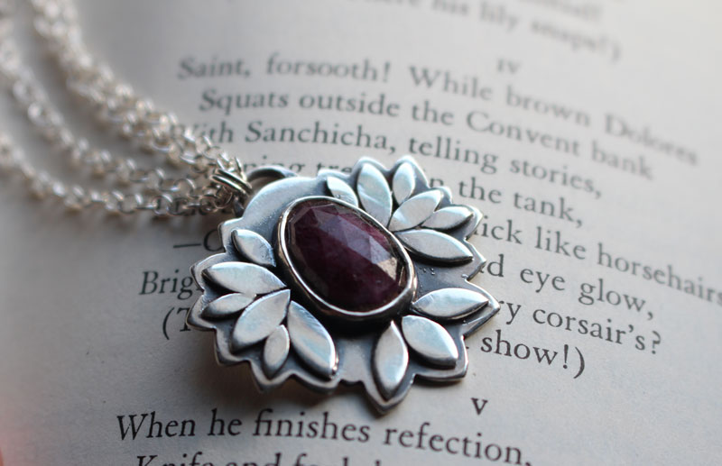 Ruby flower, botanical necklace in sterling silver and ruby