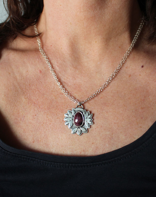 Ruby flower, botanical necklace in sterling silver and ruby