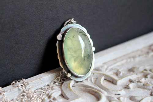 Serephina, romantic long necklace in sterling silver and prehnite