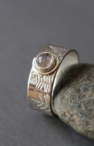 Silver fern, Maori legend ring in sterling silver and rainbow moonstone