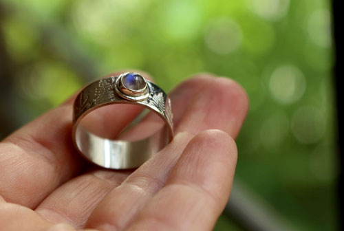 Silver fern, Maori legend ring in sterling silver and rainbow moonstone