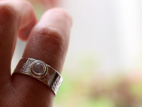 Silver fern, Maori legend ring in sterling silver and rainbow moonstone