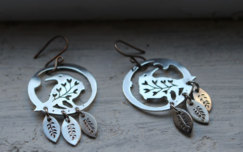 Soul messenger, botanical raven earrings in sterling silver 