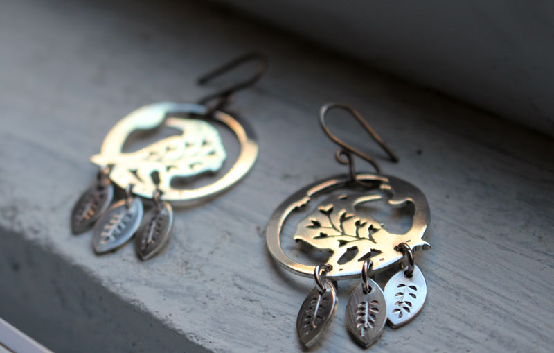 Soul messenger, botanical raven earrings in sterling silver 