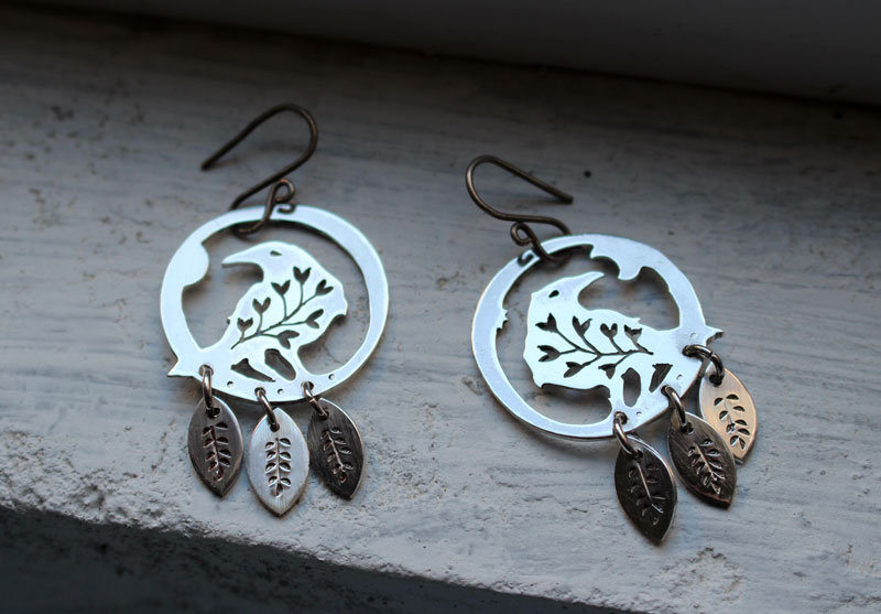 Soul messenger, botanical raven earrings in sterling silver 