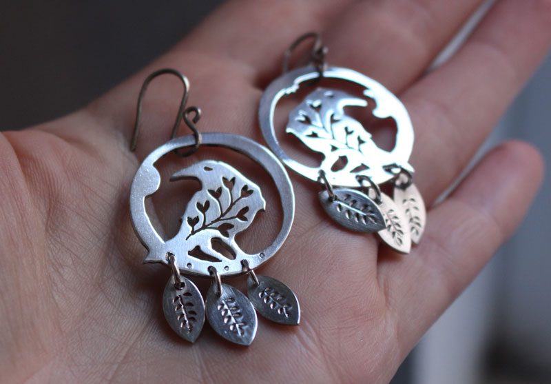 Soul messenger, botanical raven earrings in sterling silver 